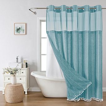 Boho Rustic Striped Linen Textured Shower Curtain Set With Snap In Liner Tassels Sheer Window
