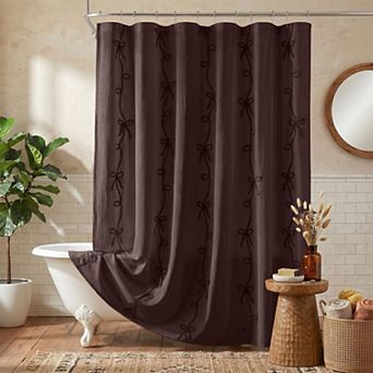 Bow Embroidery Girly Shower Curtain Cute Bathroom Decor with Hooks