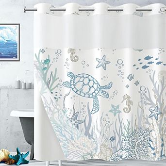 Nautical Coastal Turtle Dual Layer Shower Curtain With Snap In Liner Split Rings Magnets