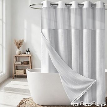 Boho Stripe Tassel Shower Curtain With Snap Liner Hooks Free
