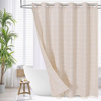 Boho Farmhouse Shower Curtain With Snap In Liner Tassels Rustic Bathroom Decor