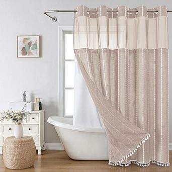 Boho Rustic Striped Linen Textured Shower Curtain Set With Snap In Liner Tassels Sheer Window