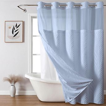 Boho No Hook Snap On Liner Shower Curtain Set Tufted Striped See Through Top