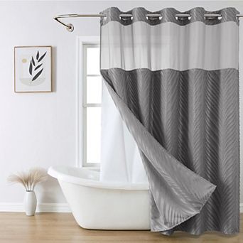 Boho No Hook Snap On Liner Shower Curtain Set Tufted Striped See Through Top