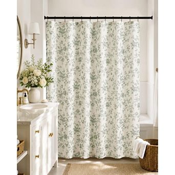 Linen Blend Fabric Shower Curtain With Hooks Soft Woven Texture