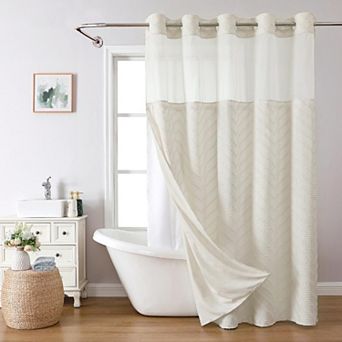 Boho Tufted Chevron Striped Shower Curtain Set Snap In Liner No Hook