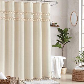 Boho Linen Poly Blend Shower Curtain with Tassel Fringe Easy Care