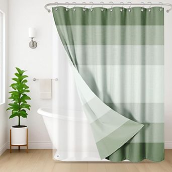 3 in 1 Shower Curtain And Liner Set Waffle Texture Fabric Hooks Included