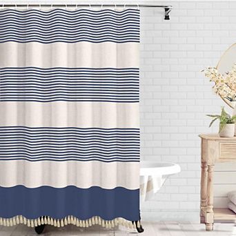Boho Farmhouse Striped Linen Cotton Polyester Shower Curtain with Fringe