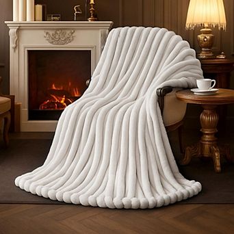 Faux Fur Throw Blanket Cozy Striped Plush Soft Home Decor