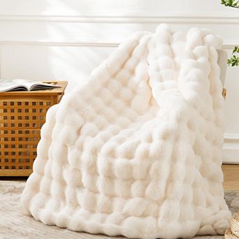 Double Sided Faux Fur Bubble Throw Blanket Cozy Soft Home Decor Gift for Women