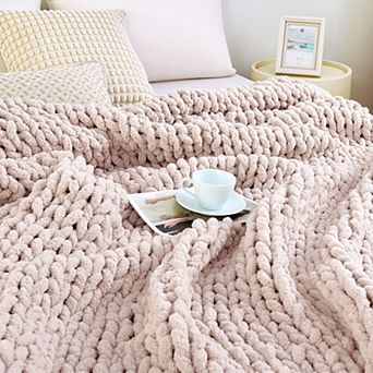 Chunky Cable Knit Chenille Throw Blanket Soft Breathable Home Decor Cozy Gift