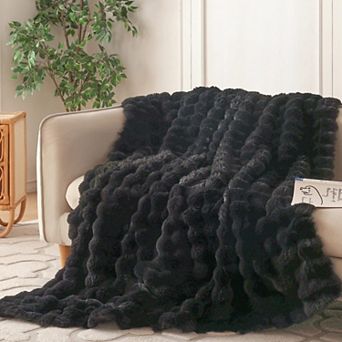 Set of 2 Faux Fur Throw Blanket Cozy Soft Plush Bubble Home Decor