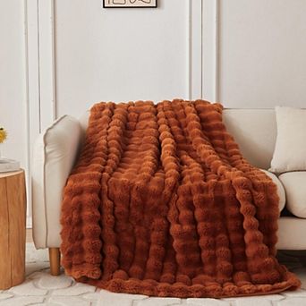 Set of 2 Faux Fur Throw Blanket Cozy Soft Plush Bubble Home Decor