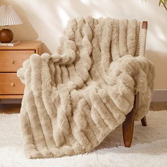 Faux Rabbit Fur Throw Blanket Soft Cozy 3D Striped Warm Plush Home Decor Gift