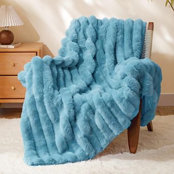 Faux Rabbit Fur Throw Blanket Soft Cozy 3D Striped Warm Plush Home Decor Gift