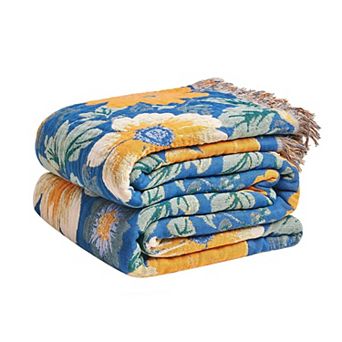 Boho Floral Birds Embroidery Reversible Cotton Gauze Throw Blanket All Season Home Decor