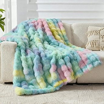 750GSM Faux Rabbit Fur Throw Blanket Bubble Wave Soft Cozy Home Decor