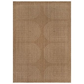 Geometric Border Indoor/Outdoor Flat Woven-Natural Jute-Style Patio Rug for Backyard Porch Deck
