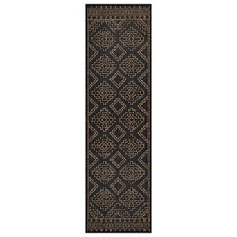 Geometric Border Indoor/Outdoor Flat Woven -Natural Jute-Style Patio Rug for Backyard Porch Deck