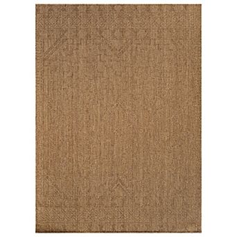 Geometric Border Indoor/Outdoor Flat Woven -Natural Jute-Style Patio Rug for Backyard Porch Deck