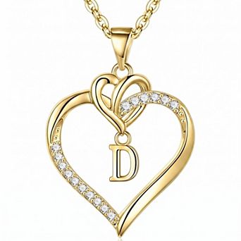 14k Gold Plated Cubic Zirconia Heart Initial Pendant Necklace Gift for Her