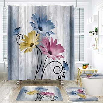 4 pc Flowers Shower Curtain Carpet Set Bathroom Decor