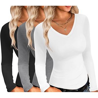 3 Pack Women Long Sleeve V Neck Slim Fit Thermal Layer Tops