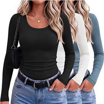 3 Packs Women's Long Sleeve Ribbed Tops Slim Fit Basic Tees