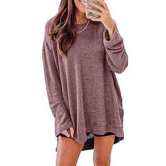 Women Oversized Waffle Knit Crewneck Shirt