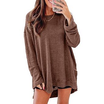 Women Oversized Waffle Knit Crewneck Shirt