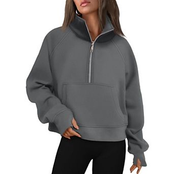 Half Zip Fleece Pullover Cropped Hoodie