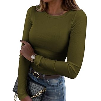 Women Ribbed Slim Fit Long Sleeve Crewneck Tee