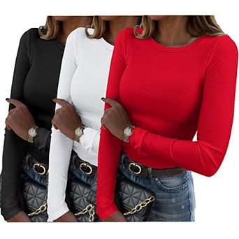3 pc Women Ribbed Slim Fit Long Sleeve Tops Crewneck Stretchy Basic Tee