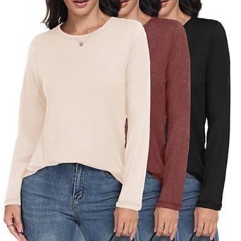 3 Pack Women's Long Sleeve Shirts Loose Fit Basic Tee Crewneck Casual Layering Top
