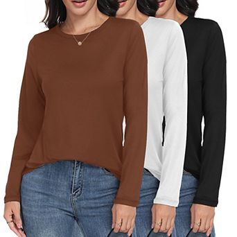 3 Pack Women's Long Sleeve Shirts Loose Fit Basic Tee Crewneck Casual Layering Top
