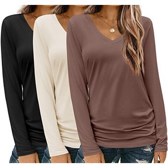 3 Pack Women V Neck Long Sleeve Shirts Casual Fall Tops Teacher Business Tee