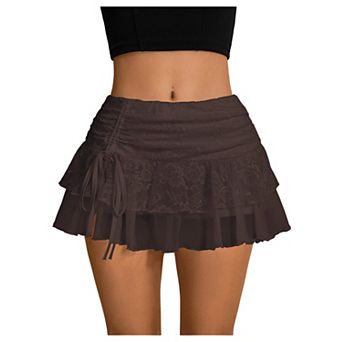 Women Y2k Lace Mesh Ruffle Mini Skort High Waist Layered Boho