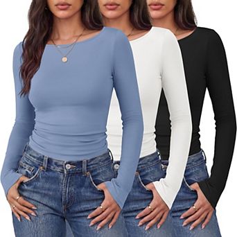 3 Packs Women's Boat Neck Ruched Thermal Long Sleeve Tops
