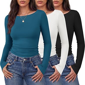 3 Packs Women's Boat Neck Ruched Thermal Long Sleeve Tops