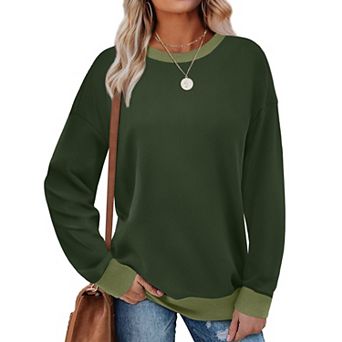 Women Crewneck Long Sleeve Loose Fit Color Block Ribbed Top