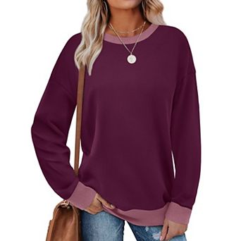 Women Crewneck Long Sleeve Loose Fit Color Block Ribbed Top