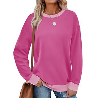 Women Crewneck Long Sleeve Loose Fit Color Block Ribbed Top