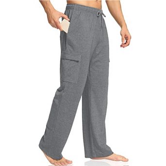 Men's Cargo Baggy Pants Open Bottom Straight Leg Gym Lounge Pockets