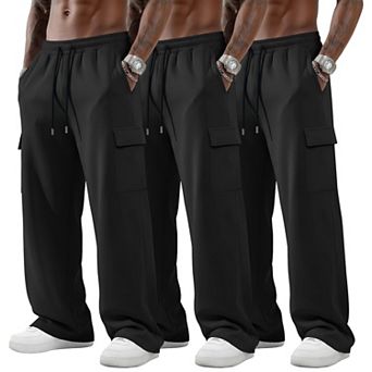 3 Pack Men's Big Tall Cargo Pants Baggy Wide Leg Drawstring Pockets