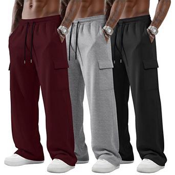 3 Pack Men's Big Tall Cargo Pants Baggy Wide Leg Drawstring Pockets