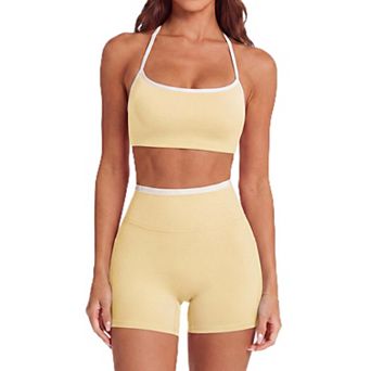 Women Workout Set Padded Halter Bra High Waist Shorts Pockets