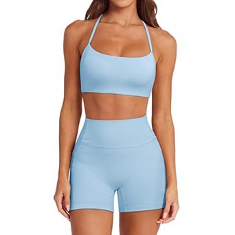 Women Workout Set Padded Halter Bra High Waist Shorts Pockets