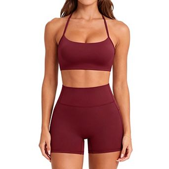 Women Workout Set Padded Halter Bra High Waist Shorts Pockets