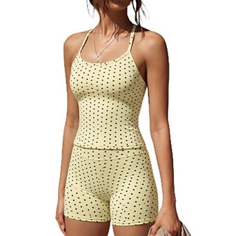 Women Workout Set High Waist Biker Shorts Halter Tank Top